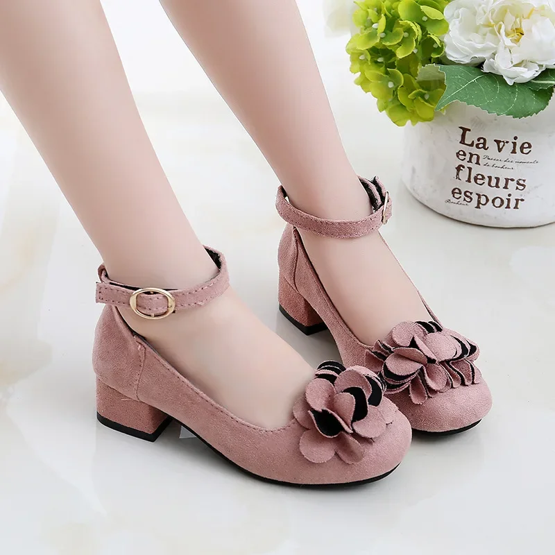 

Spring Summer Children High Heels Princess Korean Version Single Shoes Girls Leather Shoes Student Performances Flower Buckles