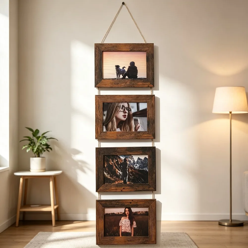 Wooden Hanging Collage Picture Frame Multi Panel Wall Mount Photo Frame Set Rustic Wood Linked Photo Holder for Family Portrait