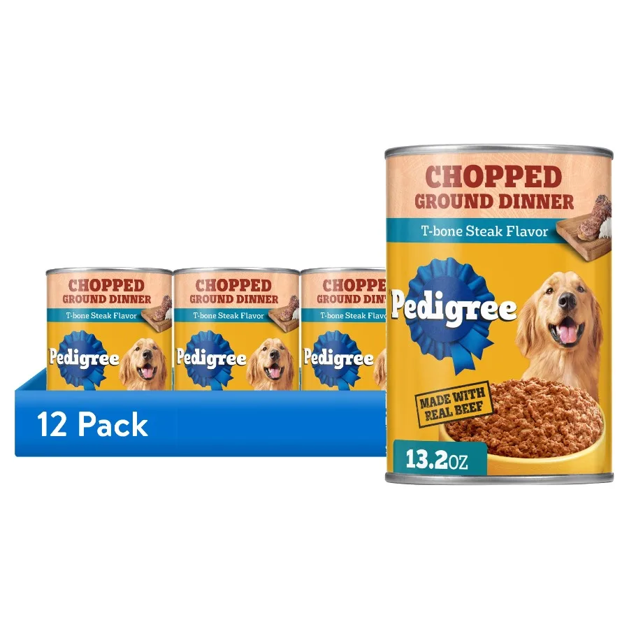12 pack Chopped Ground Dinner T-Bone Steak Flavor Adult Wet Dog Food, (12) 13.2 Oz Cans