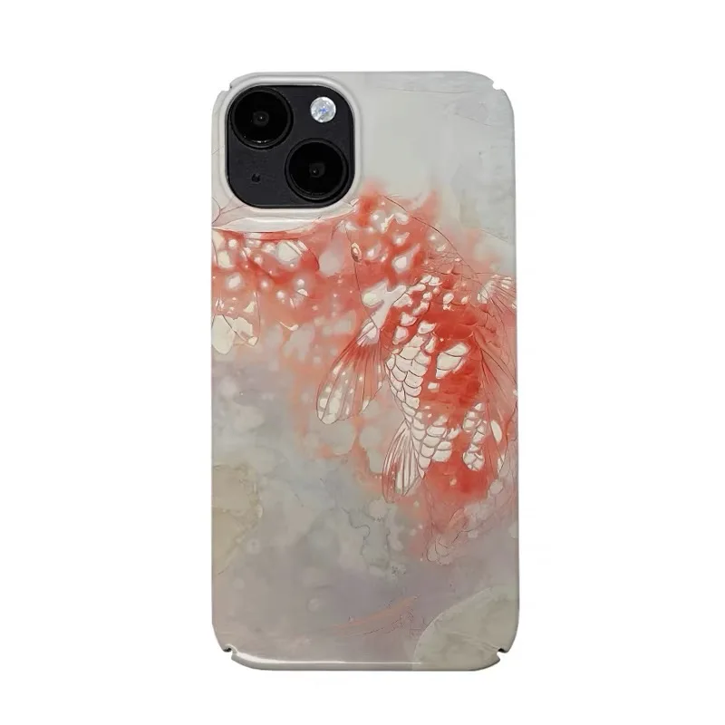 

Ins Korean Good Luck Koi Art Case for IPhone 16 15 14 13 Pro Max 12 Mini 11 Pro Plus XR Shokproof Protective Hard Acrylic Cover