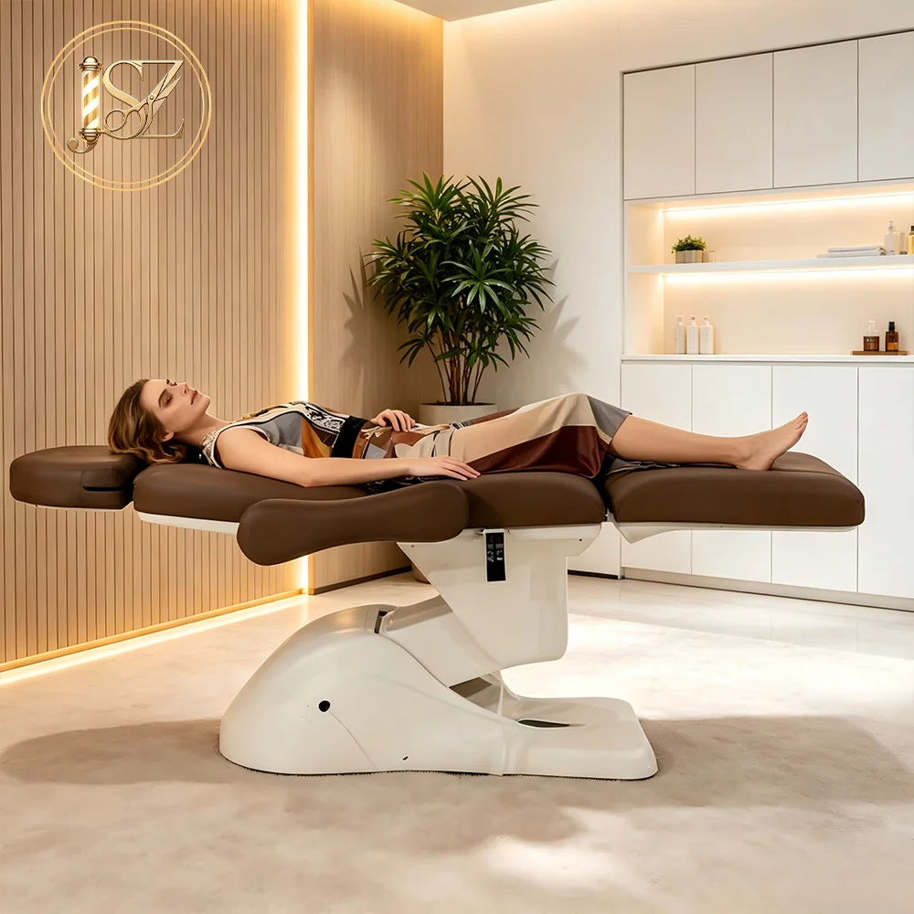 Adjustable Height 3 Motor Electric Table Brown Synthetic Leather Spa Eyelash Beauty Bed