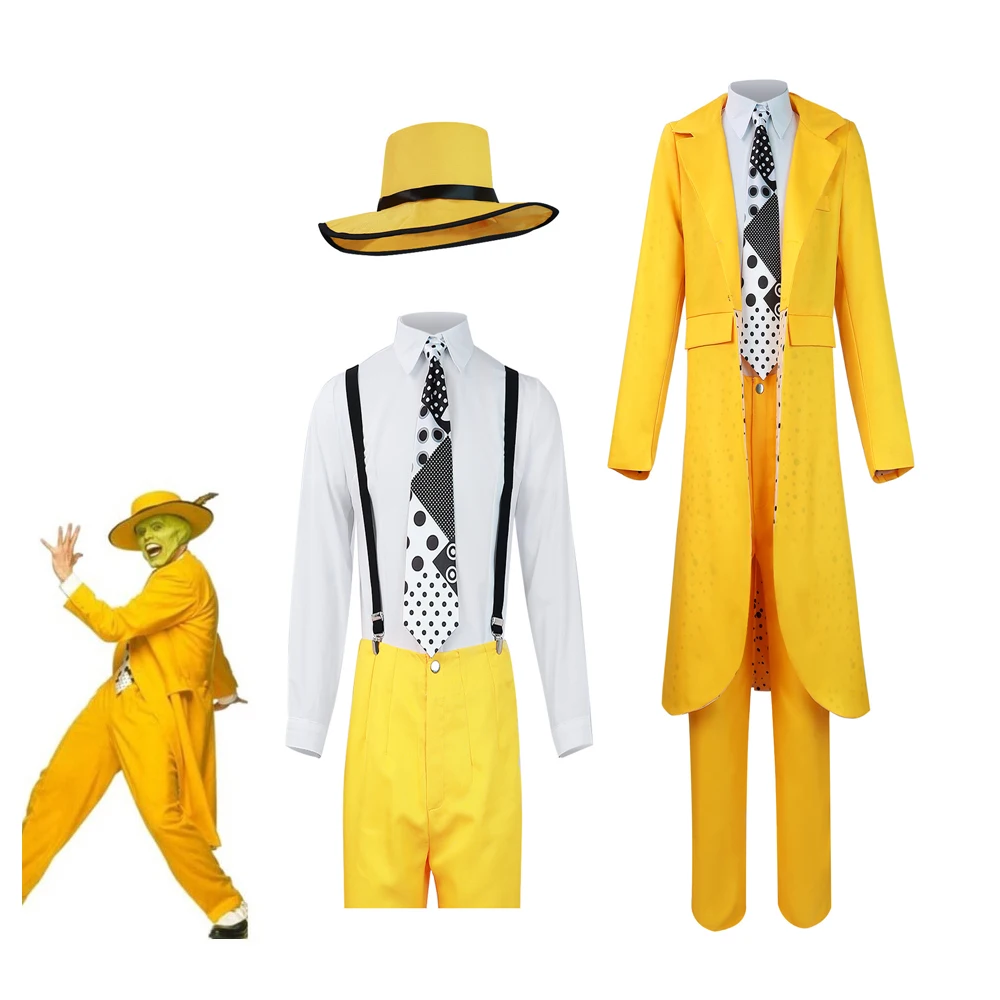 

Jim Carrey Cosplay Costume Anime The Mask Yellow Uniform Top Pants Hat Outfits Fantasia Men Halloween Carnival Disguise Clothes