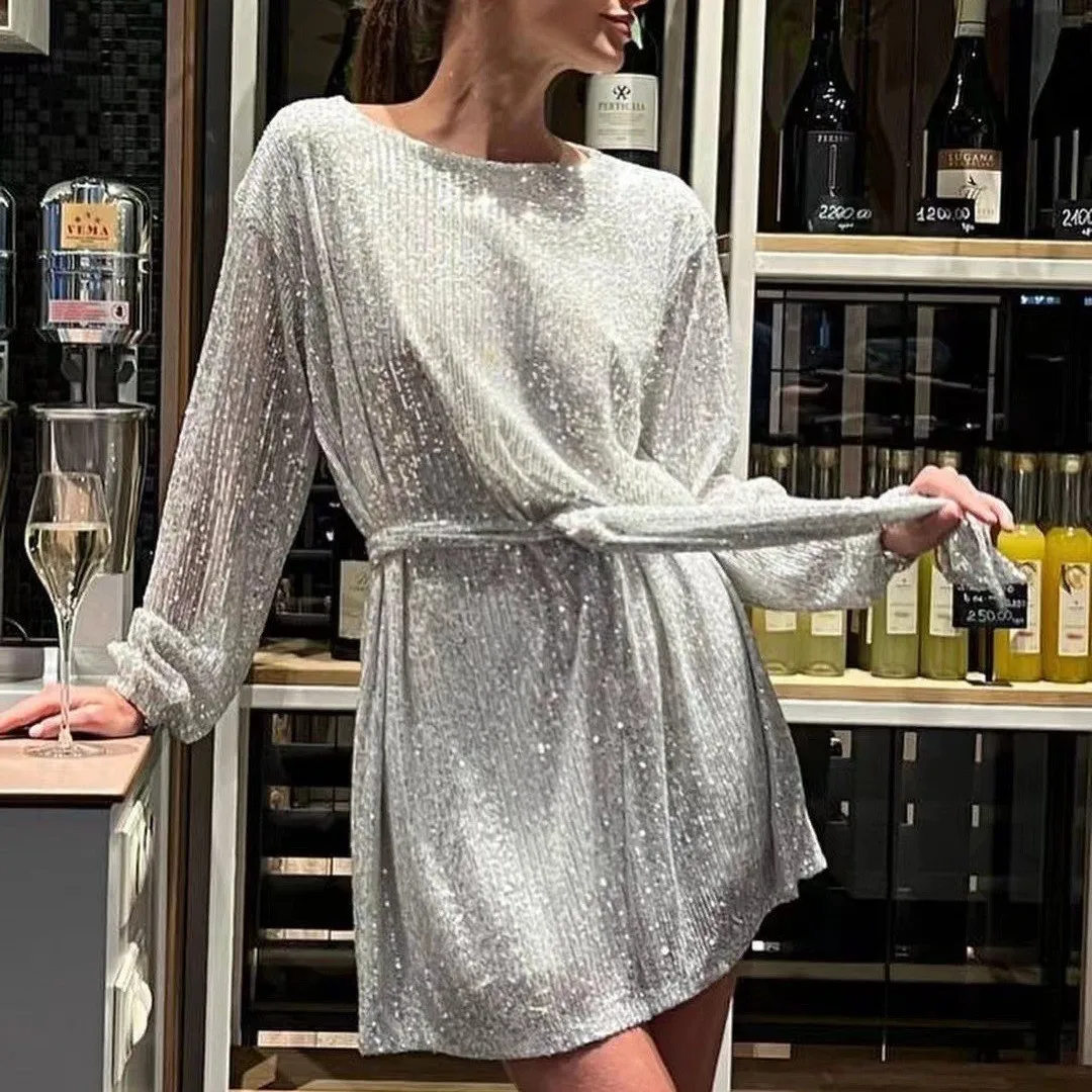 Sequined Sequins Gown Irregular Hem Casual with Long Dress Commuter Chic Autumn Long Sleeves Loose Fit Women Casual Dresses