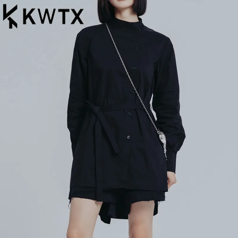 

KWTX Edgy Streetwear Black Shirt Top Lightweight Stand Collar Tie Belt Side Snap Casual Spring Summer 2025 Fashion Chic