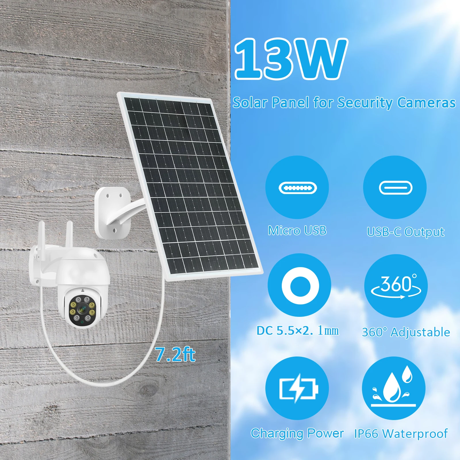 13w-solar-panel-for-security-camera-5v-type-c-micro-usb-dc-55-outdoor-rechargeable-battery-ip66-waterproof-charger