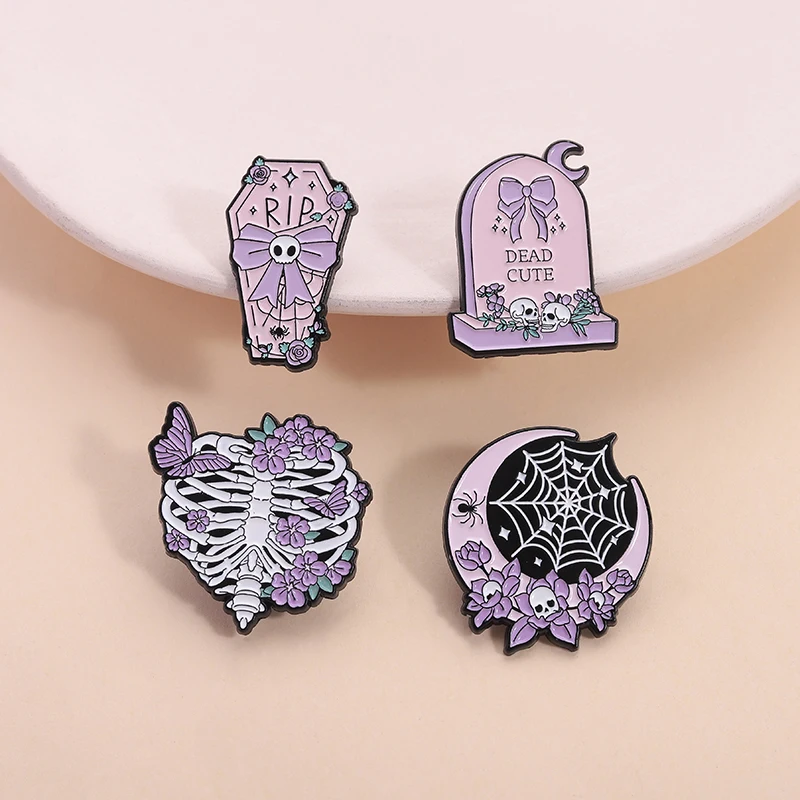 Coffin RIP Bowknot Enamel Pin Spooky Witchy Moon Spider Web Halloween Brooches Lapel Badge Pastel Goth Jewelry Gifts for Friends