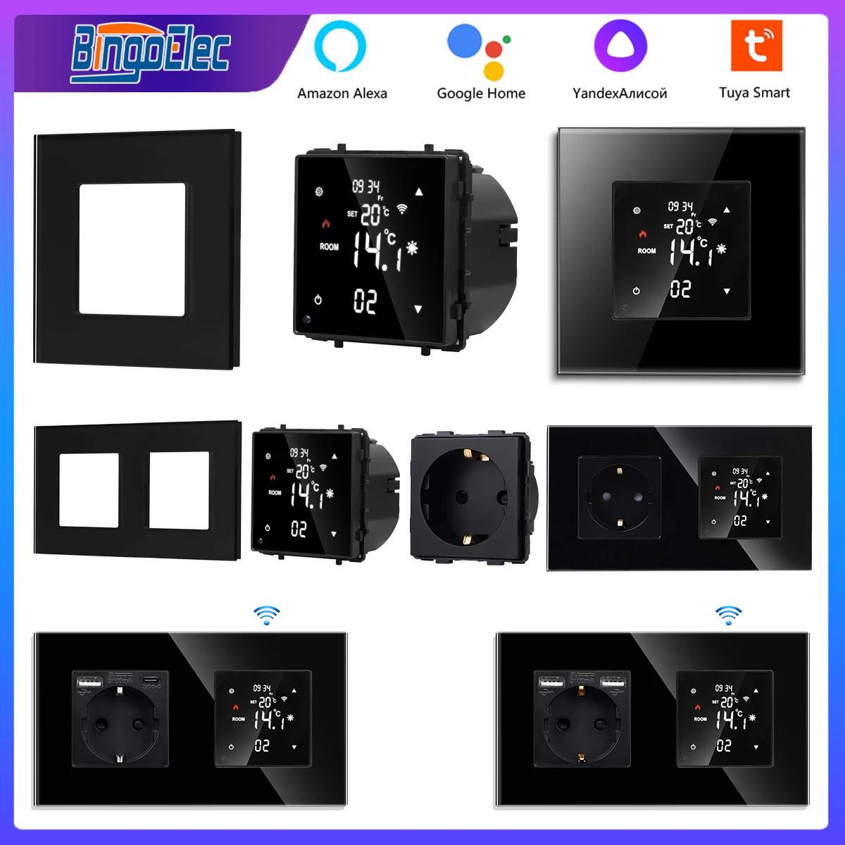 Bingoelec 1/2/3Gang Touch Light Switch Part Wifi Tuya Thermostat Wall Power Socket Glass Frame DIY Module Part Free Combination