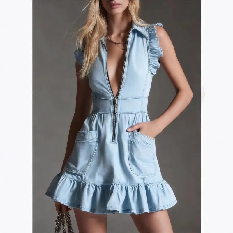 

Summer Casual Ruffled Denim Mini Dress Vintage Chic A Line Sleeveless Zipper Lapel Pocket Fashion Elegant Party Dress Vesidos