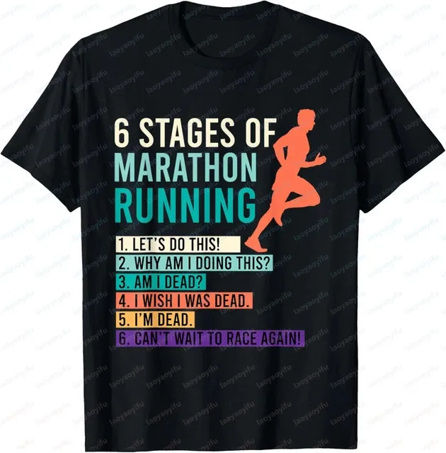 6 Stages of Marathon Running Saying Runner Funny Gift T-Shir Unisex T-shirt, Short-sleeved Round-neck Fashionable Shirt