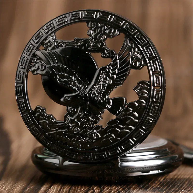 Antique Black Hollow Eagle Case Skeleton Hand-winding Mechanical Men Pocket Watch Arabic Number Clock with Chain