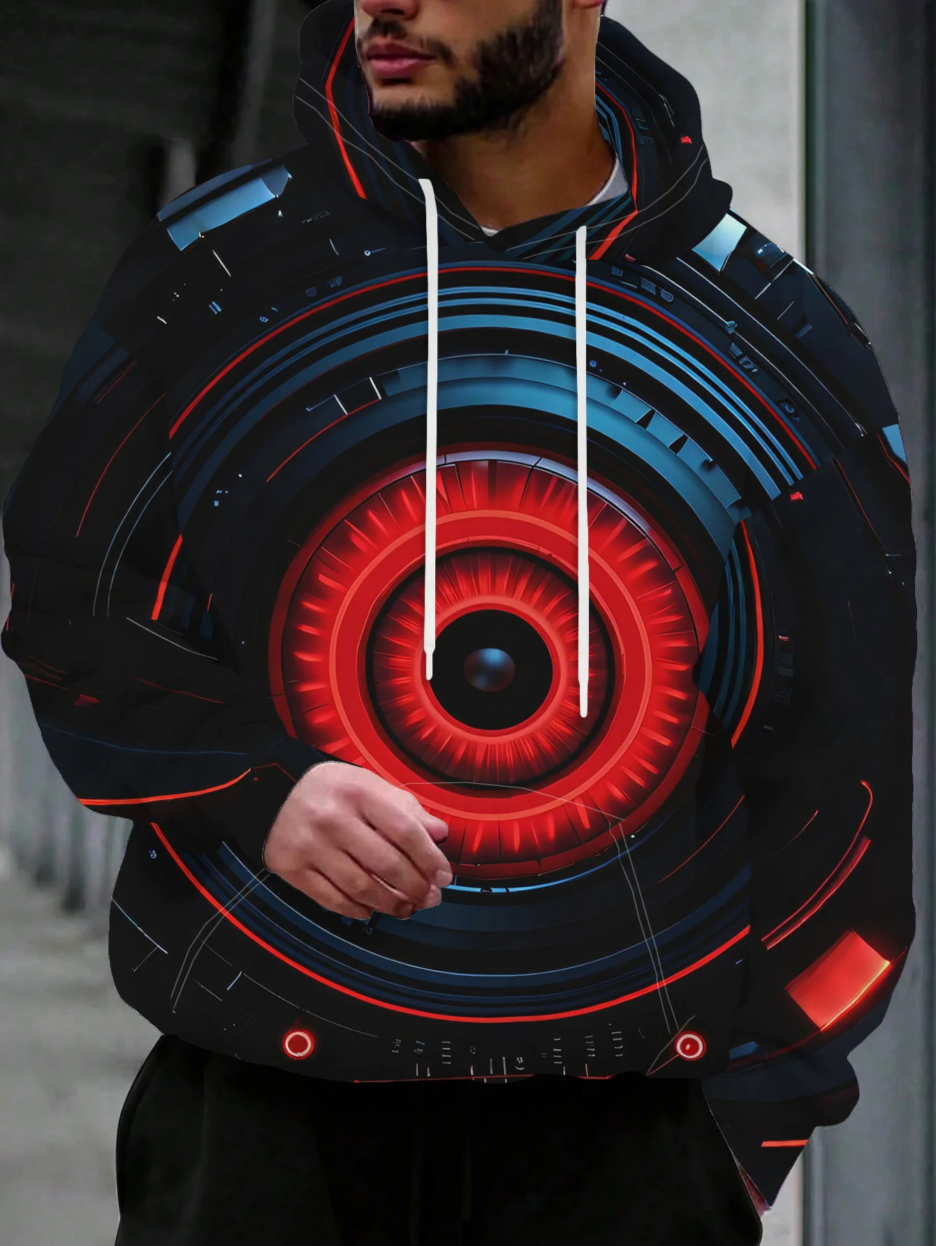 Men Red Cyber Mechanical Eye Tech Circuit 3D Print Hoodie Futuristic Sci-Fi Graphic Casual Long Sleeve Hooded Sweatshirt
