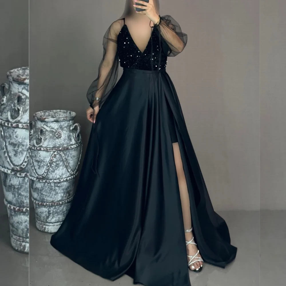 

Customized Exquisite Charmeuse Sequined Pleat A-line V-neck Long Dresses Bespoke Occasion Pastrol Matching