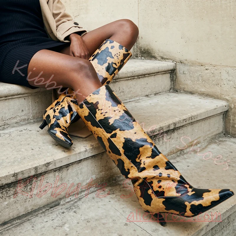 Leopard Knee High Boots Pointed Toe Stiletto Pull On Sexy Party Streetwear Y2K Punk Goth Gothic Women Shoes Leather Mixed Color