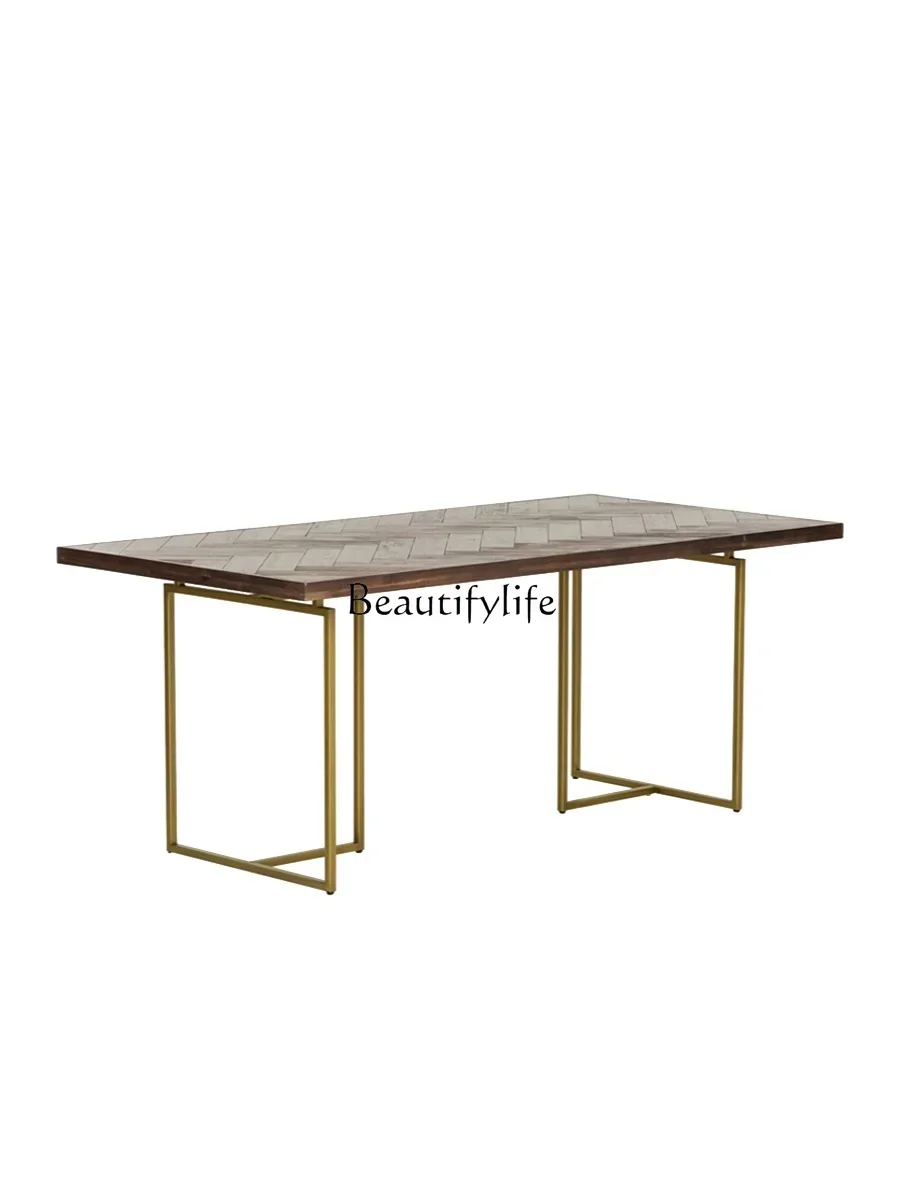

LD33Nordic Rectangular Modern Minimalist Dining Tables and Chairs Set Light Luxury Iron Solid Wood Table