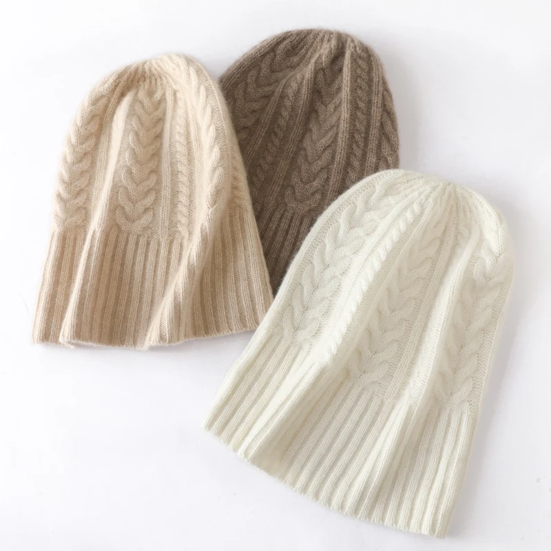 Lady Hooded Hat 100% Goat Cashmere Knitted 3Colors Winter Soft and Keep Warm Hats For Women HG01