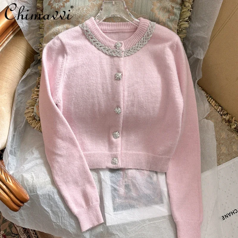 Autumn Winter New Heavy Nail Diamond Sweater Girl Pink Short Knitted Cardigan Mid-length Skirt 2-piece Set Women\'s Skirt Sets