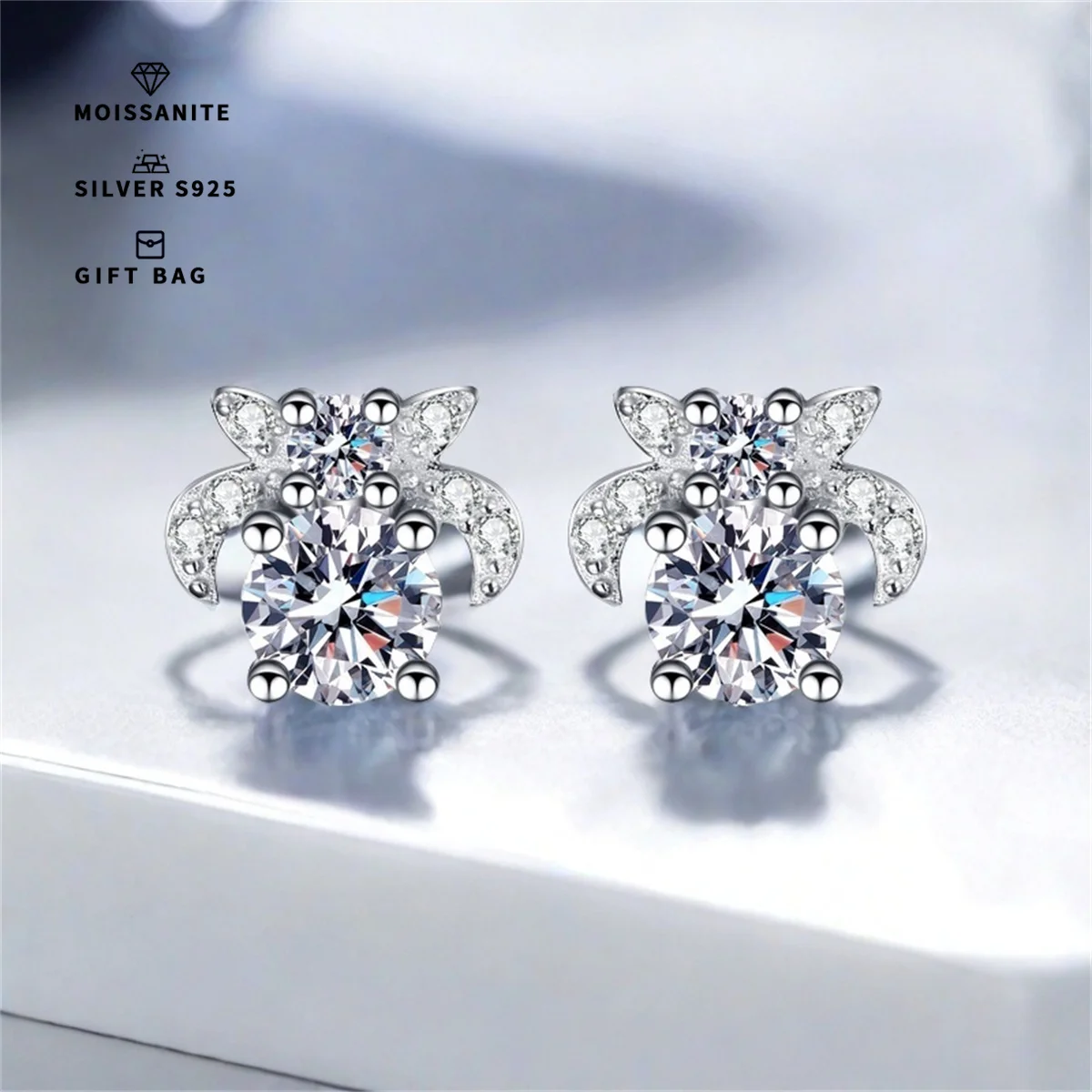 S925 silver Platinum plating allergy-resistant stud earrings are filled with sparkling White ronud GRA Moissanite elegant luxury