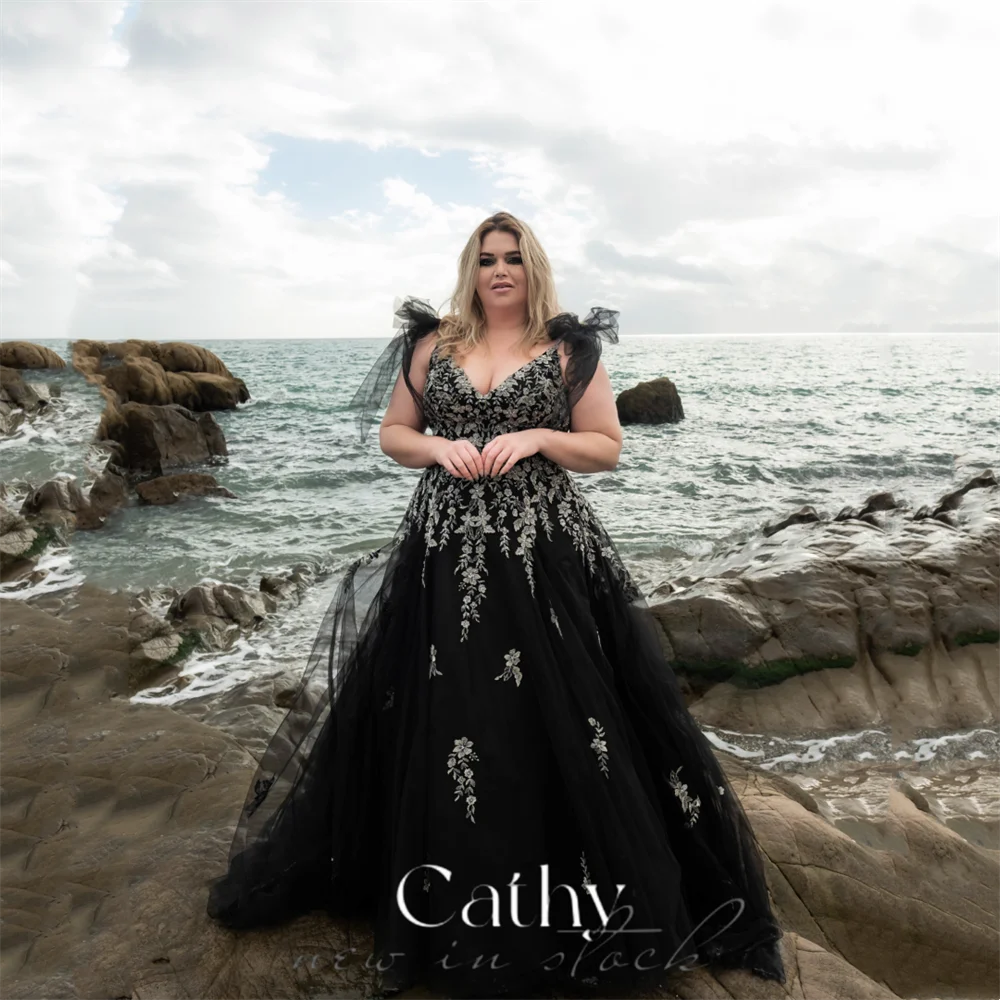

Cathy Luxury Black Lace Embroidery Tulle Prom Dress Elegant V-neck Sleeveless Vestidos De Novia Plus Size A-line robes de soirée