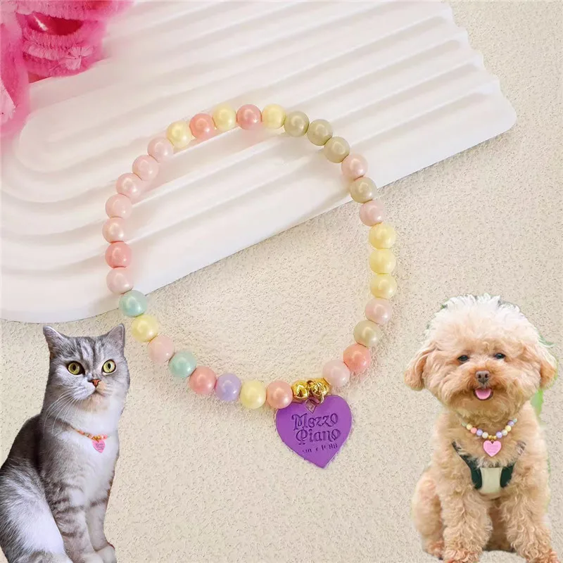 New Macarone Heart Pet Dog Necklaces for Chihuahua Bomei Dopamine Colorized Summer Kitten Neck Chain Pearl Solid Pet Accessories