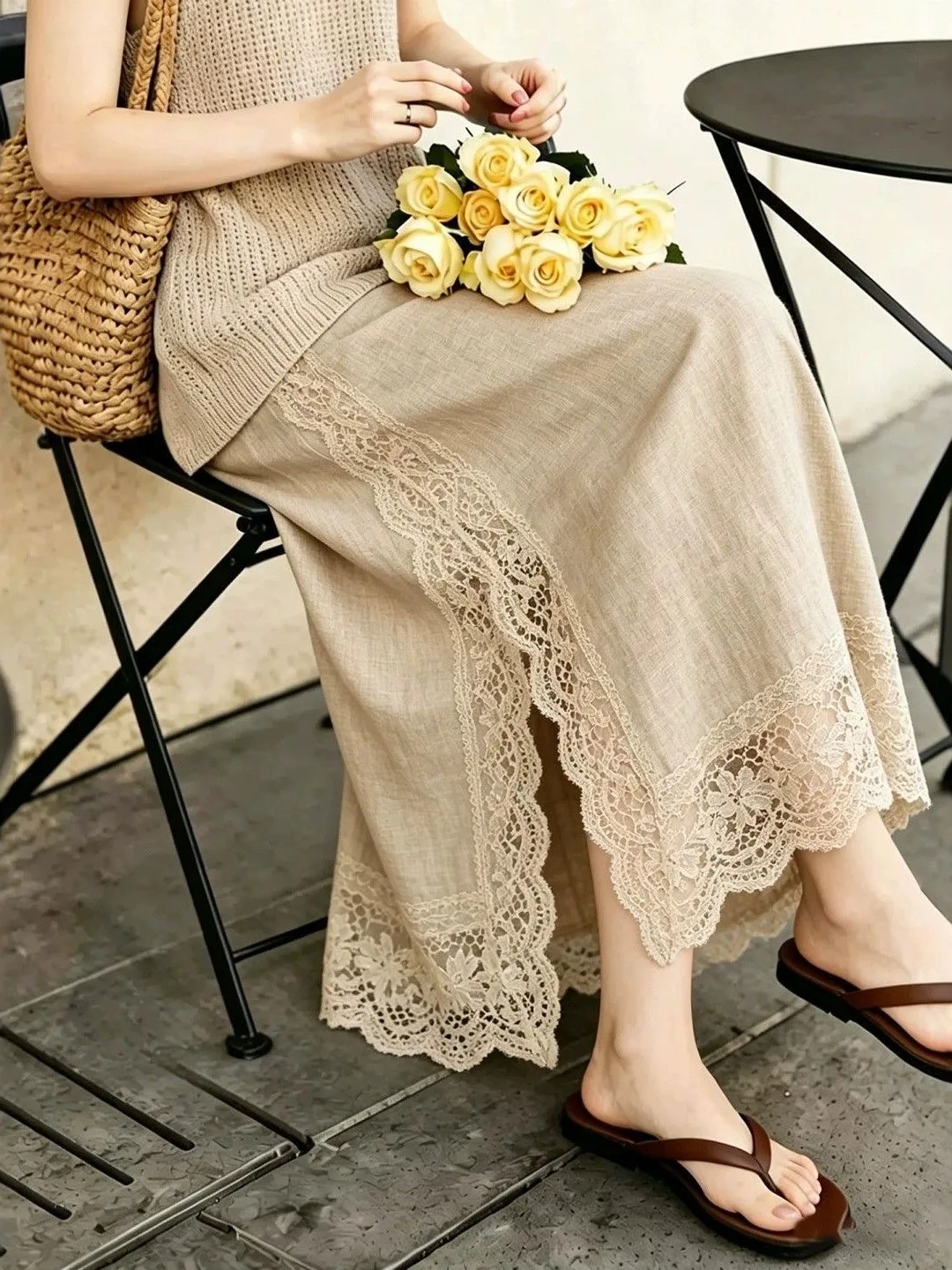 Lace Splicing Linen Midi Skirt Women's Summer Fashion New Style mid Waist Straight Cut Skirt Breathable Comfortable Linen Mat...