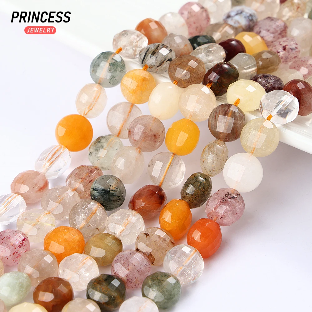 

A++ Natural 10mm Colorful Rutilated Quartz Checkerboard Beads Faceted Loose Gemstone Beads for Jewelry Making DIY Accessories