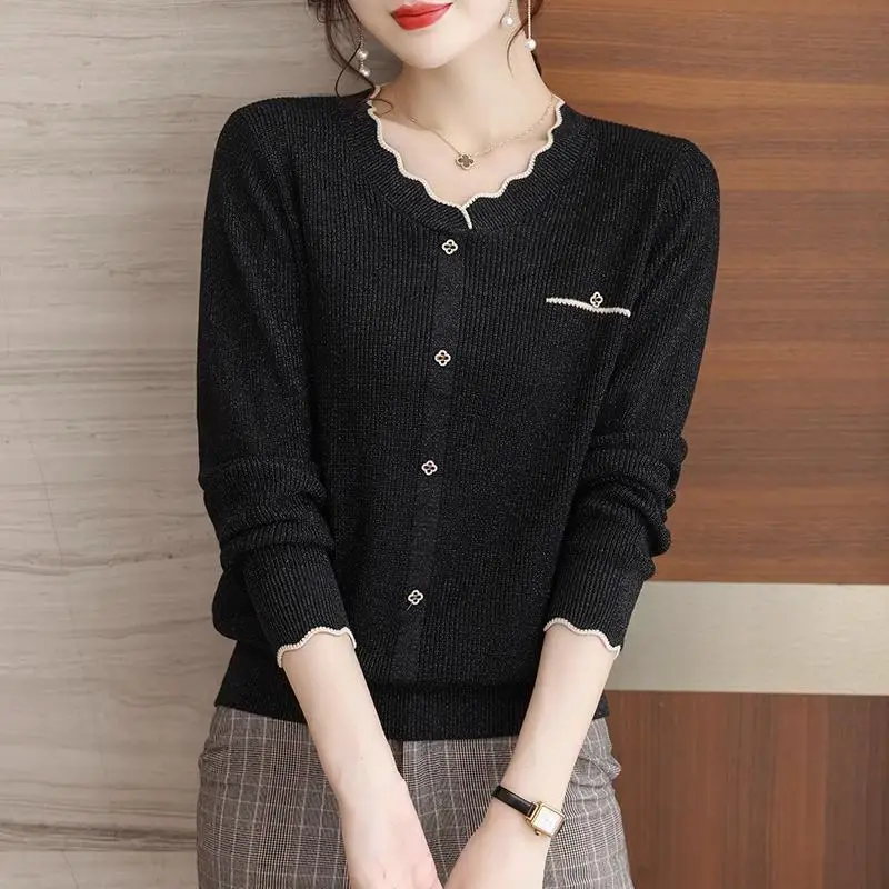 Fashion O-Neck Spliced Button Ruffles Knitted Sweater Women\'s Clothing 2023 Winter New Casual Pullovers Long Sleeve Tops