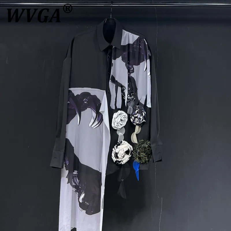 

WVGA Spring Summer New Man Patchwork Floral Design Trendy Long Sleeve Shirts Niche Chic Casual Turn-Down Collar Shirt Ins W10018