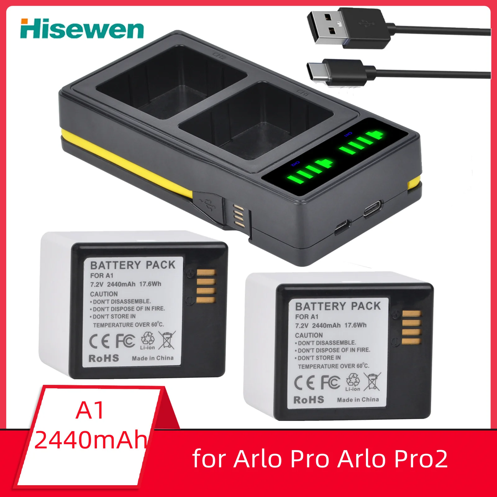 2440mAh A1 Battery + LED USB Dual Charger for Compatible with Arlo Pro Arlo Pro2 Camera Battery Replacement