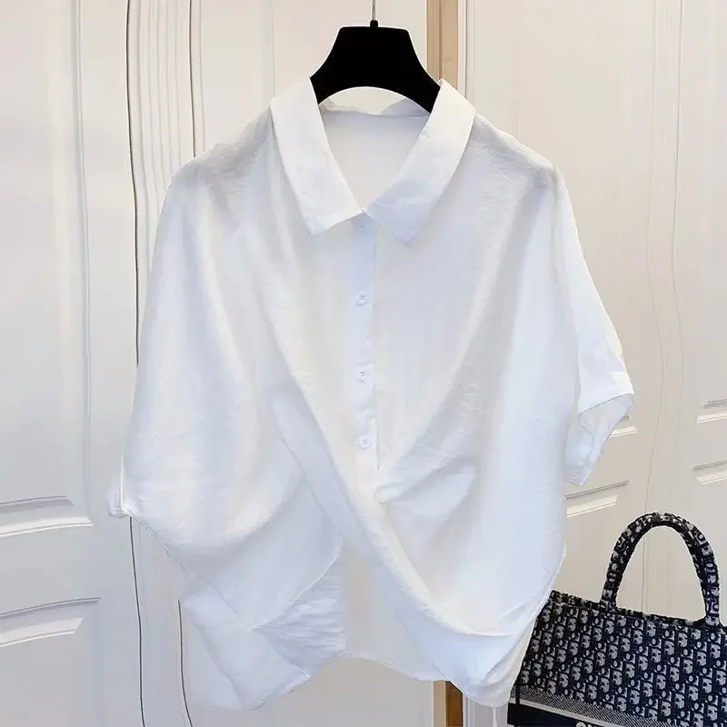 Irregular Short Sleeve Blouse Summer Polo Neck Solid Pleated Button White Loose Shirt Tops Fashion Casual Women Clothing E6504