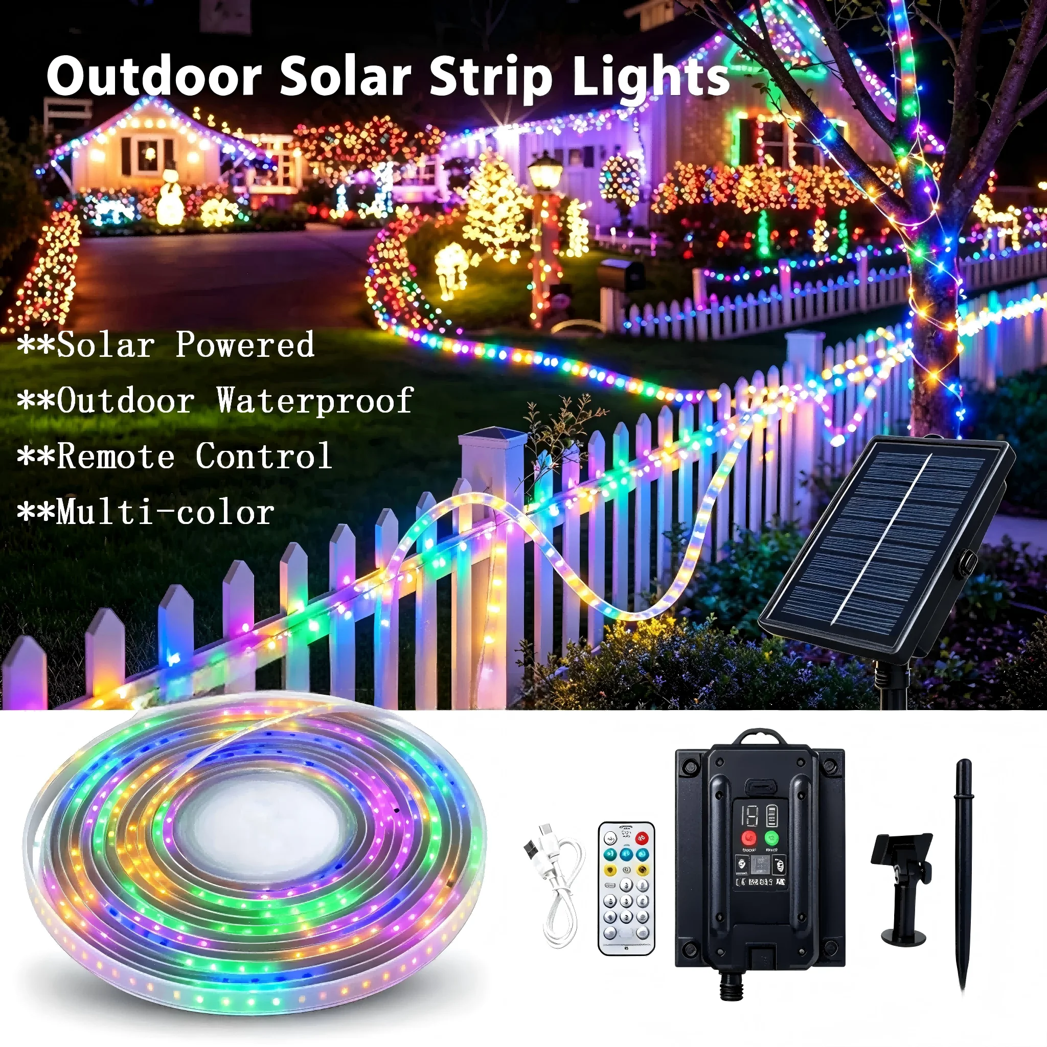 Space Energy Led Multicolor Light Strip, with Solar Panel, Multifunctional 24-Key Remote Control, Outdoor Waterproof, Multicolor Led Light Strip, 5M/10M/15M/20M, Suitable for Garden/House/Yard/Big Tree/Fence Decoration Ambiance