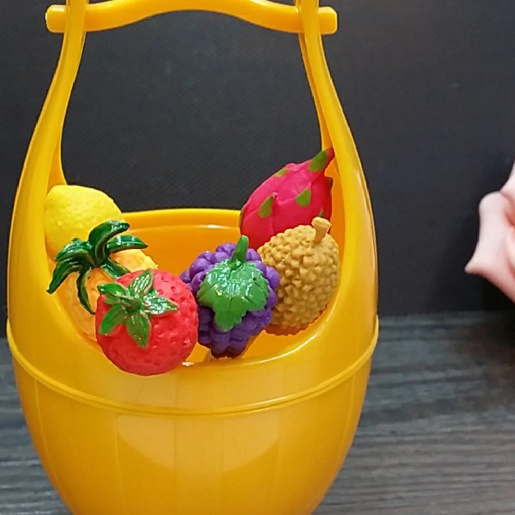 

6 PCS Wooden Bucket Fruit Fork Set Cartoon Forks Picks Stainless Steel Cocktail Sticks Dessert