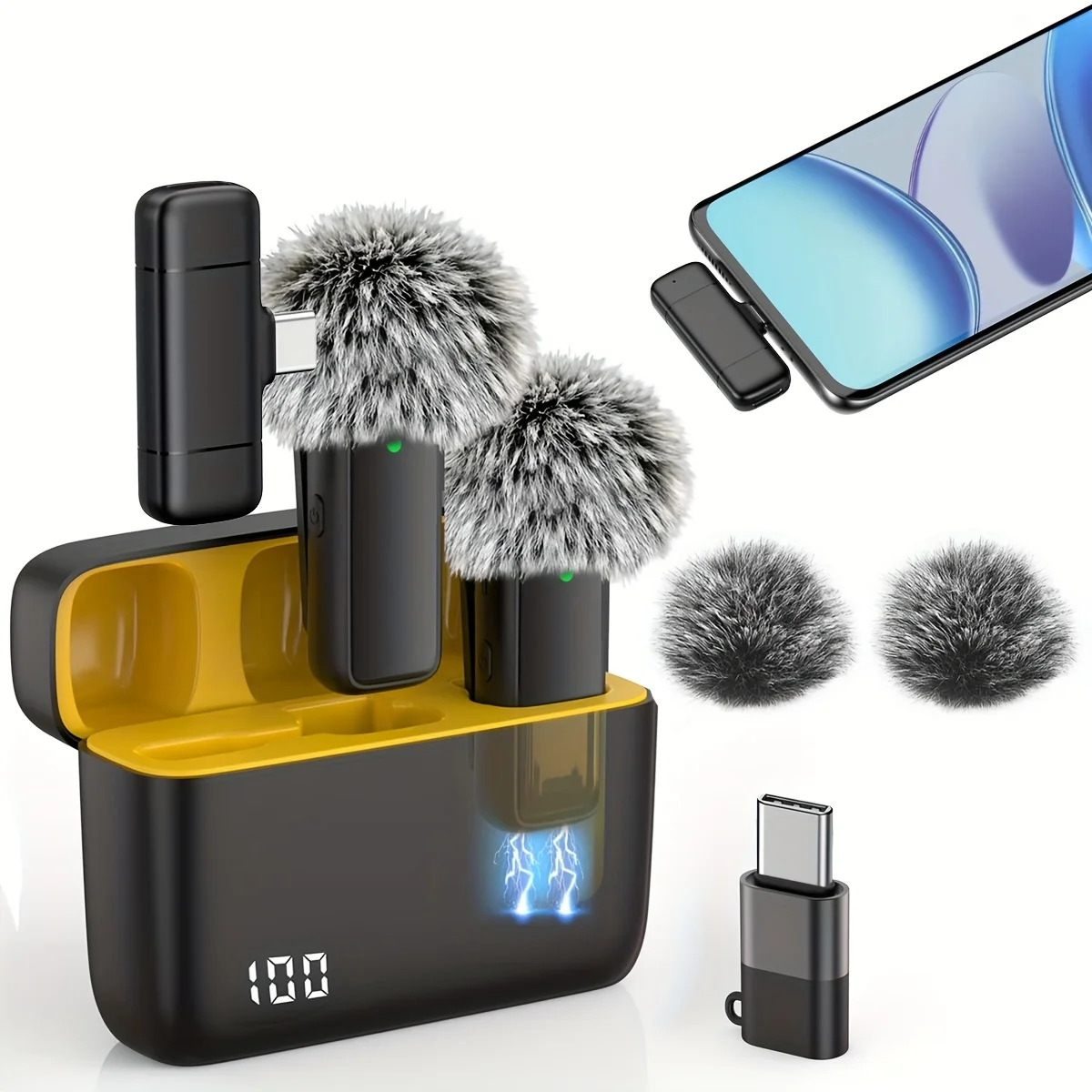 Wireless Microphone Lavalier with Charging Case Windproof Fleece Suitable for Phones Laptop Devices with Noise Canceling MIC