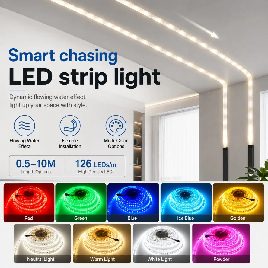 Dynamic Flowing Water Effect LED Strip Light 126LEDs/m Flexible Ribbon Lamp 0.5‑10M Multi‑Color Options for Ceiling Decoration