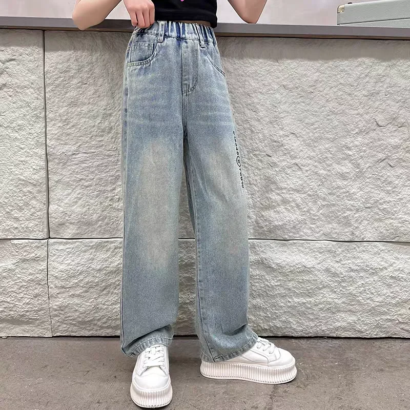 2025 Spring New Design High-Waist Tween Girls Wide-Leg Jeans Casual Comfortable Designer Style Kids Casual Pants