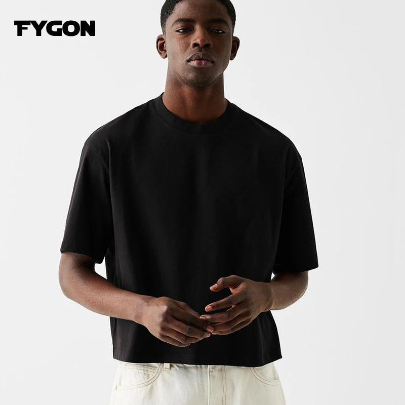 Fygon 2025 Summer Boxy Fit Cropped 100% Cotton T-shirts Oversized O-neck Solid Color Basic Short Sleeves Street Design Tops