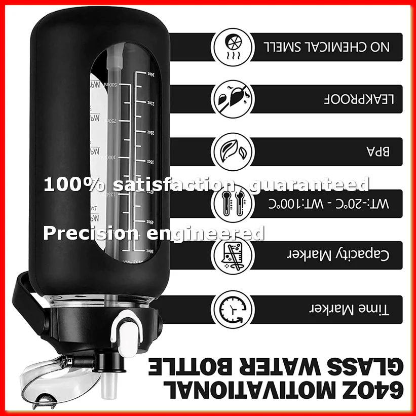 ●64Oz Glass Water Bottles with Straw, Glass Bottle with Silicone Sleeve and Time Marker, for Gym Home Office Black