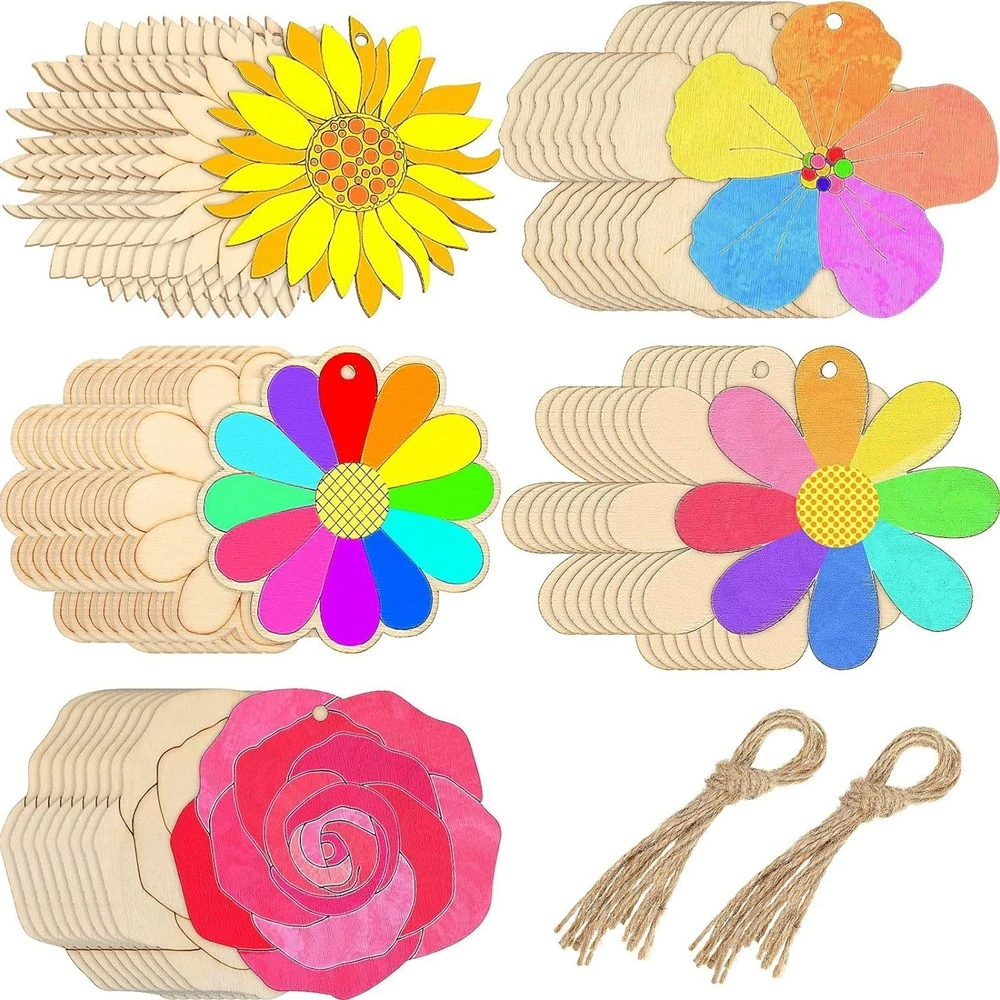 10pcs Spring Flower Hanging Ornament Rose Sunflower Wooden Pendants for Spring Home Decorations DIY Painting Gifts Wrapping