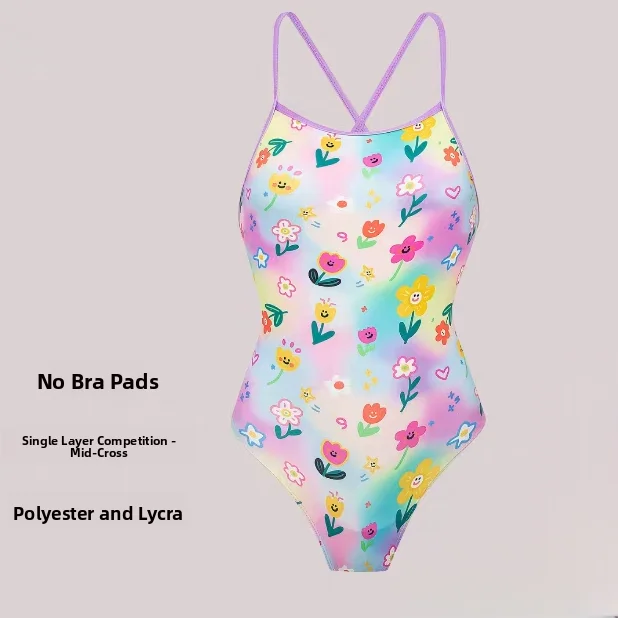 2026 New Women's Speed Suit Swimsuit Purple Flower Design No Chest Pad Medium Cut Backless  Quick Dry Competion Swim...