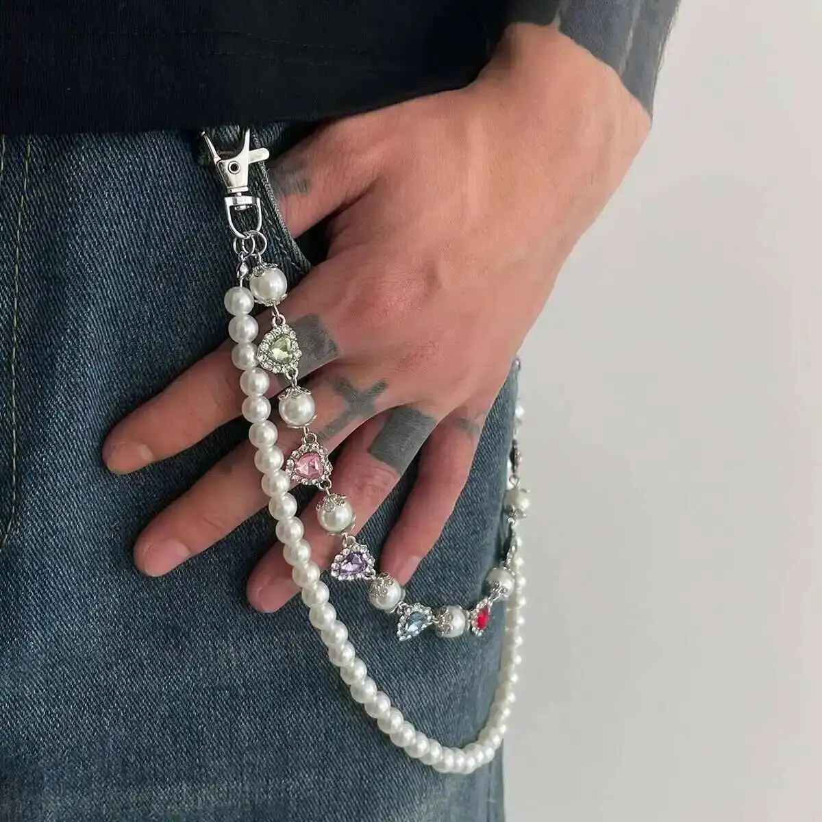 

PuRui Hip Hop Imitation Pearl Love Heart Colorful Rhinestone Waist Chain Men Trousers Hipster Pant Chain Rock Jewelry Steampunk