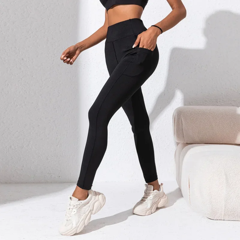 Women Black Sport Yoga Leggings With Pockets Fitness Gym Push Up Butt Lifting Tight Fit Sportwear Running Training Workout Pants