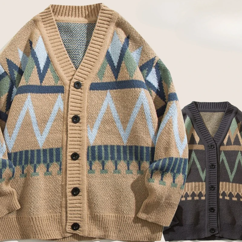 2026 Japanese Retro V-Neck Knit Cardigan Men's Loose Lazy Style Jacket