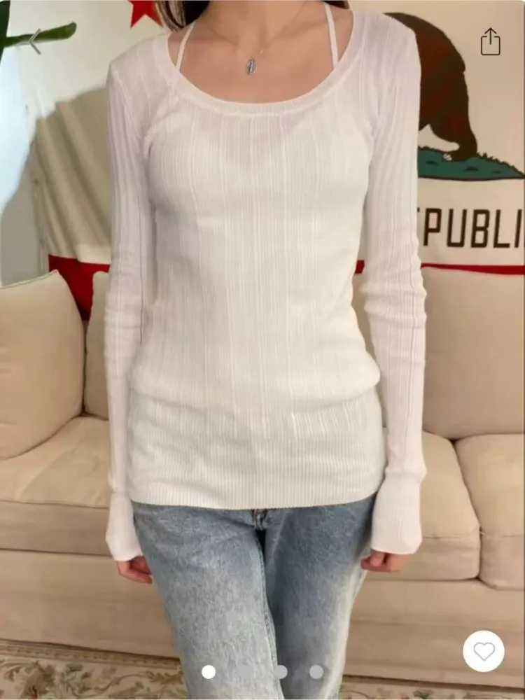 

Autumn New White Knit Slim Long Sleeve Tees Women Fashion U-neck Cotton Soft T-shirt Cute Preppy Style Casual T Shirt Y2K Top