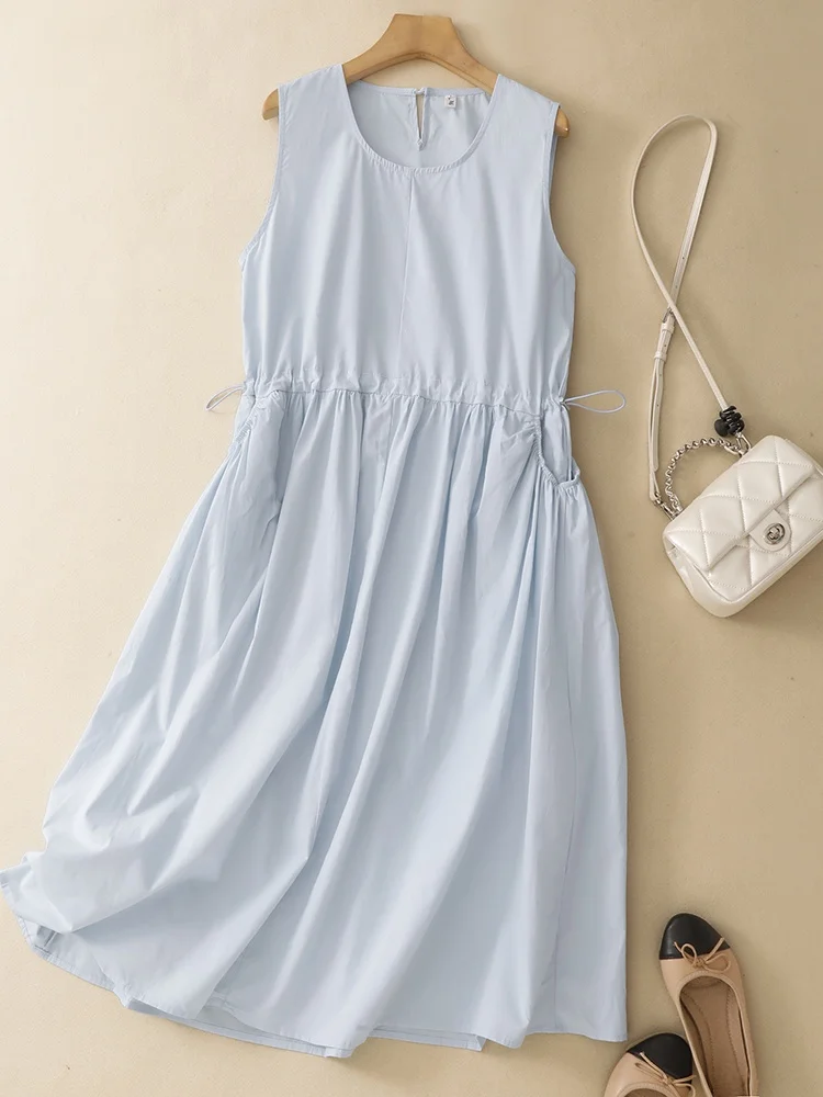 

plus Size Casual Summer Dress Women's Drawstring Waist Sleeveless Vest Dress Trendy Loose Fit Long Dress round Neckline