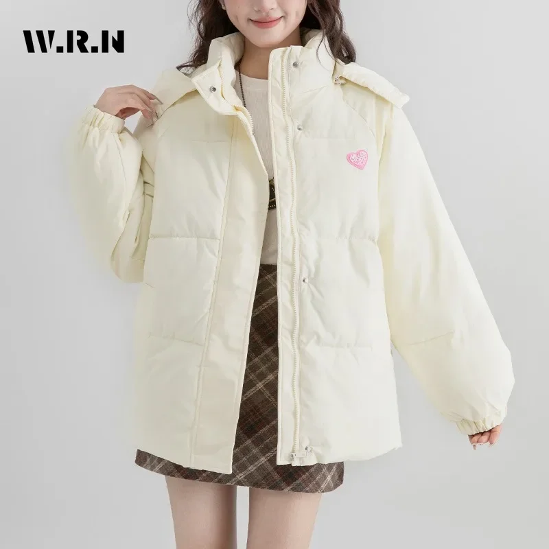 Women Casual Hooded Shcool Girl Parkas 2024 Winter Heart Appliques Outerwear Zipper Jacket Lovely Warm Sweet Long Sleeve Coat