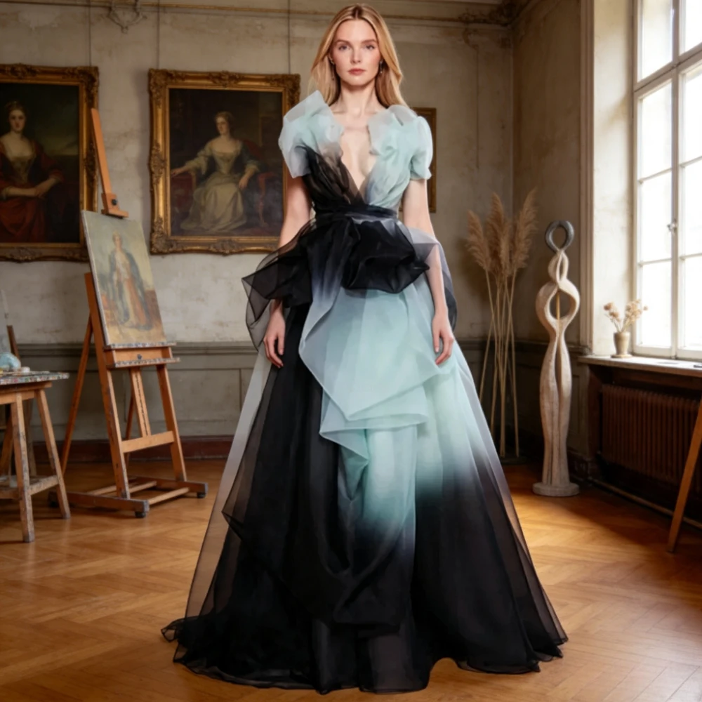 Customized Deep V Puff Sleeve Gradient Tulle Ball Gown Black Mint Ink Wash Ruffled Formal Evening Gala Party Dresses For Women