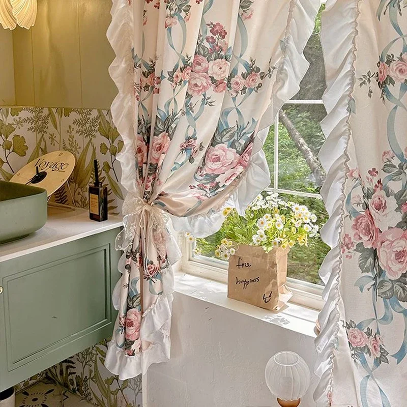 

Idyllic French Retro Flowers Door Curtains Cloth Floral Warp Ruffled Gauze Curtains For Kitchen Retro Beige Lace Curtains #A397