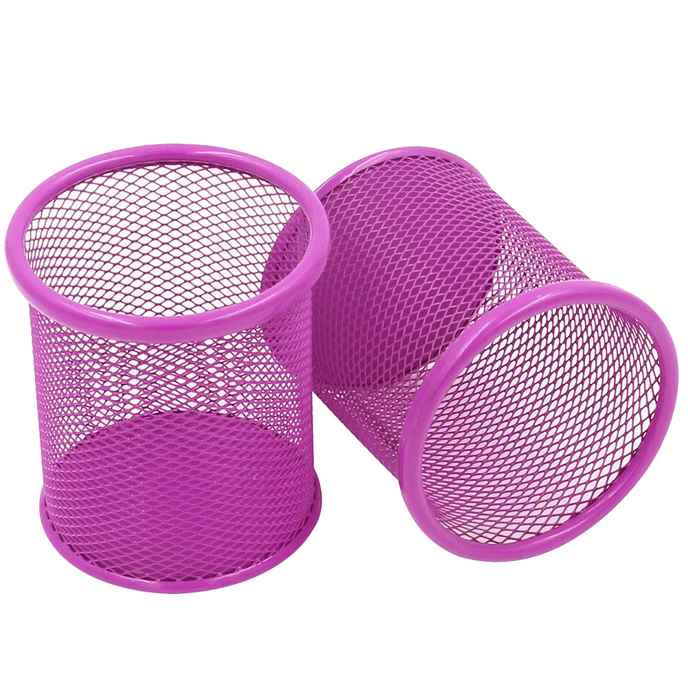 2pcs Round Pencil Holder Container for Desk Organizer Purple Pens Mesh Steel Desktop Supplies Scissors Ruler Storage Cup