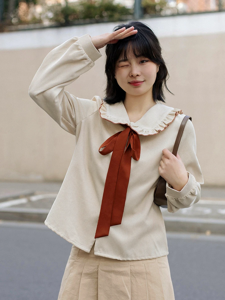 

Retro Doll Collar irt Women's Spring Autumn Design Corduroy Bow Tie Top Sweet Sle Long Sve Straight Cut Pure Color