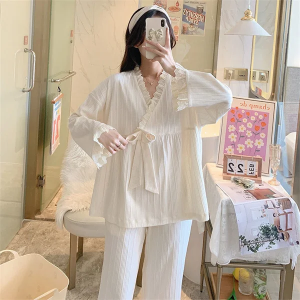 Cotton Autumn Winter Women Pajamas Solid Sleepwear 2024 Female 2 Piece Set Nightwear Lady Pyjamas Loungewear Home Clothing