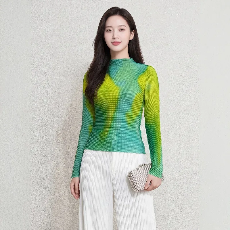 Miyake Pleated 2026 Simple Fashion Gradient Color Block Pleated Print Top Slim Fit Long Sleeve Base Shirt Women's Clothing Pleat